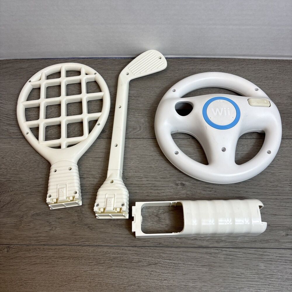 Wii Remote Sports Accessories Bundle - Golf Club, Steering Wheel Tennis Racket